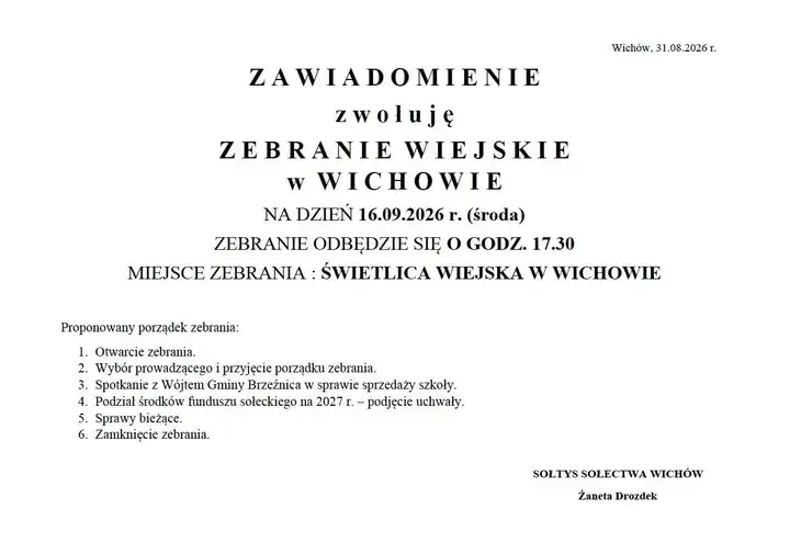 Zebranie wiejskie w Wichowie – sprzedaż szkoły i fundusz sołecki