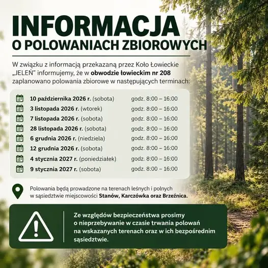 Polowania zbiorowe w obwodzie łowieckim nr 208 – harmonogram i ostrzeżenie dla mieszkańców