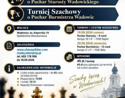 Szachowy Weekend w Wadowicach – turnieje o Puchar Starosty i Burmistrza już w najbliższy weekend