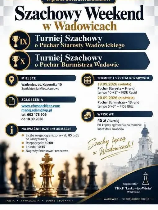 Szachowy Weekend w Wadowicach – turnieje o Puchar Starosty i Burmistrza już w najbliższy weekend