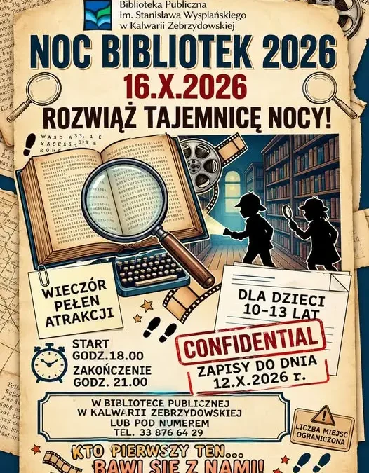 Noc Bibliotek 2026 w Kalwarii Zebrzydowskiej – detektywistyczna przygoda dla dzieci
