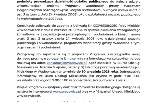 Wadowice konsultują program współpracy z NGO na 2027 rok