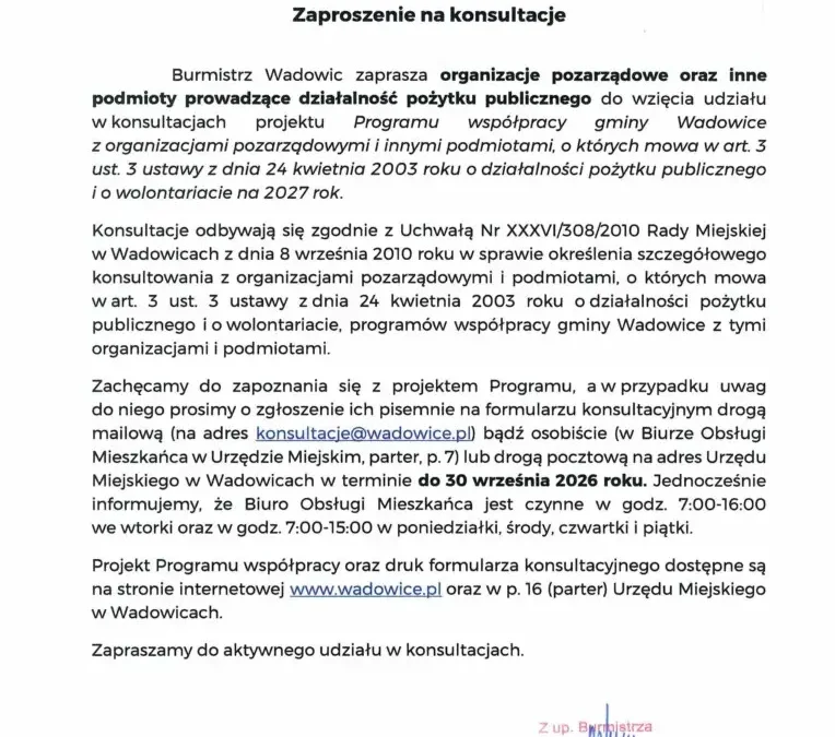 Wadowice konsultują program współpracy z NGO na 2027 rok
