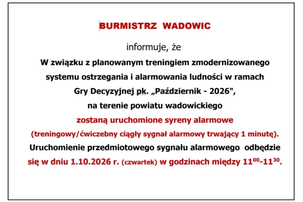 Trening syren alarmowych w powiecie wadowickim – 1 października 2026