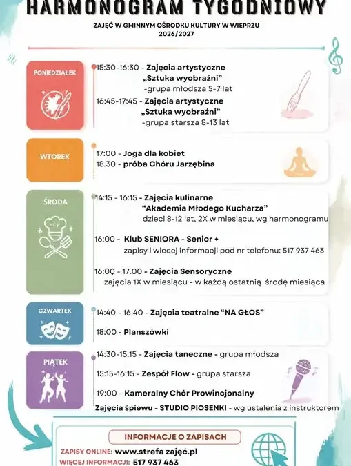 Gminny Ośrodek Kultury w Wieprzu ogłasza harmonogram zajęć na sezon 2026/2027