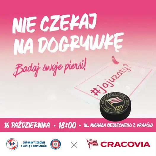 Różowy październik na lodowisku – kampania #jajuzaty podczas meczu hokejowego w Krakowie