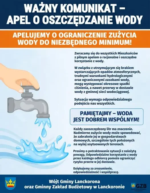 Gmina Lanckorona apeluje do mieszkańców o oszczędzanie wody