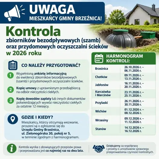 Gmina Brzeźnica: kontrole szamb i oczyszczalni od 26 października